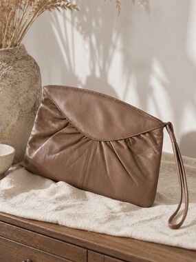 Toni Genuine Leather Taupe Wristlet ClutchSoft  Foldover Minimalist Purse